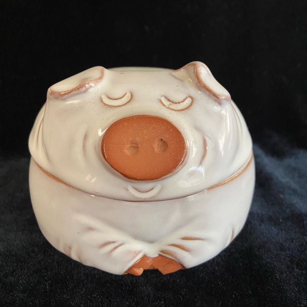 Vintage Pig Piggy Covered Dish White Glaze over Red Clay